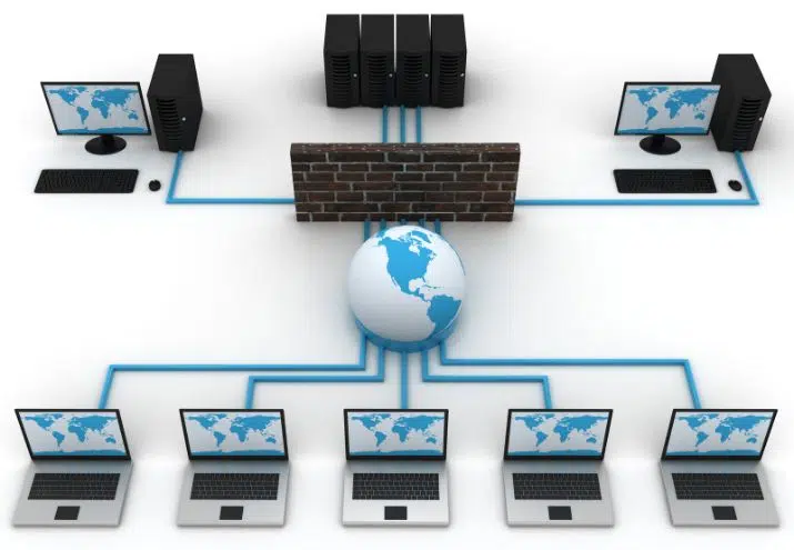 Esquema de topología de red para ISPs con computadoras, servidores y firewall conectado al mundo.